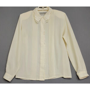 Vintage Claudia Richard Blouse Top Womens 8 Ivory Pleated Embroidered Buttons